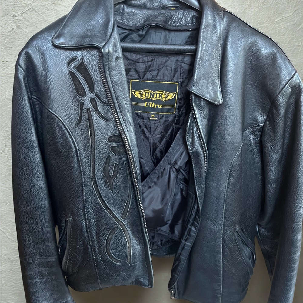 Unik Ultra Women’s Black Leather Jacket with Rose Embellishment